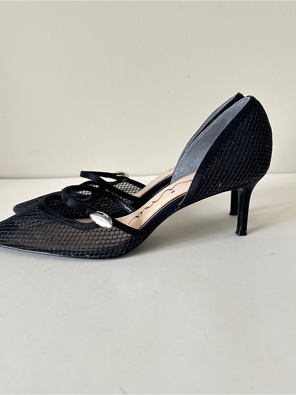 NEW Nina Nashly Black Mesh Pointed-Toe Cap Toe Mary Jane Stilletto Heels Sz 9.5M